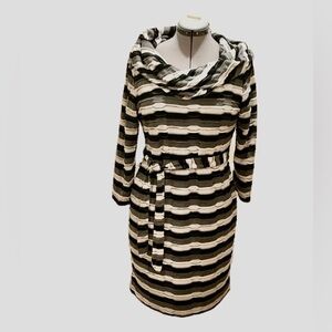 Sharagano “mummy” dress, large cowl neck, striped black, grey, cream, 16